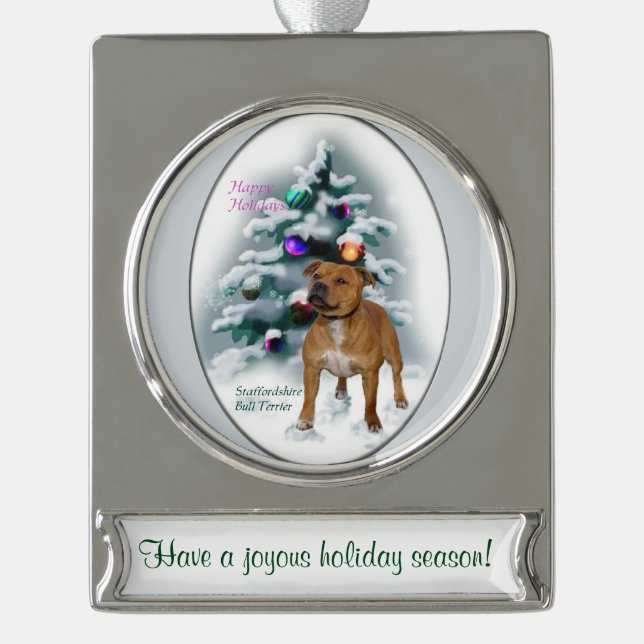 Staffordshire Bull Terrier Personalised Christmas Silver Plated Banner Ornament (Front)