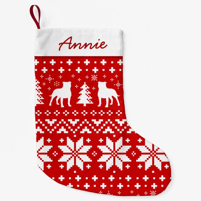 Staffordshire Bull Terrier Silhouettes Dogs Red Small Christmas Stocking (Front)