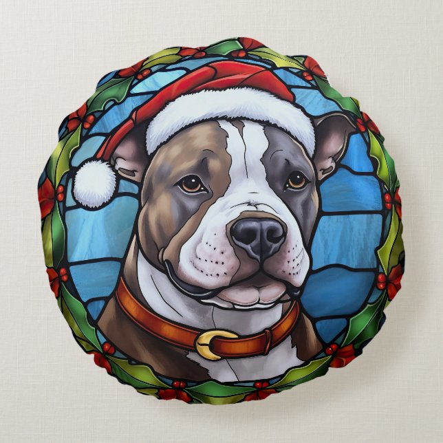 Staffordshire Bull Terrier Stained Glass Christmas Round Cushion (Back)