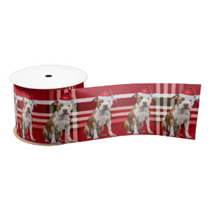 Staffordshire Pit Red Plaid Funny Dog Christmas Satin Ribbon