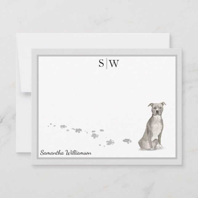 Staffordshire Terrier Grey Border Monogram Custom Card (Front)