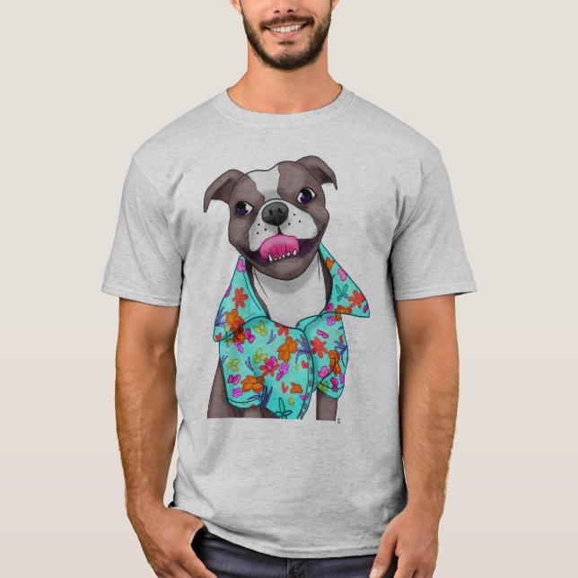 Staffordshire terrier in hawaiian shirt. T-Shirt (Front)
