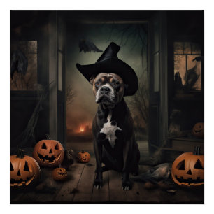 Staffordshire Terrier Pumpkins Halloween Scary Poster