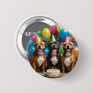 Staffy Birthday Party With Balloons Cake, 6 Cm Round Badge