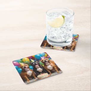 Staffy Birthday Party With Balloons Cake, Square Paper Coaster
