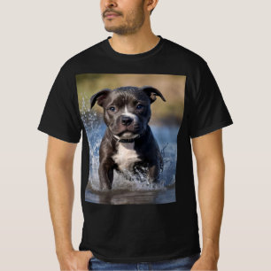 Staffy Puppy Splashing In The Sea, T-Shirt