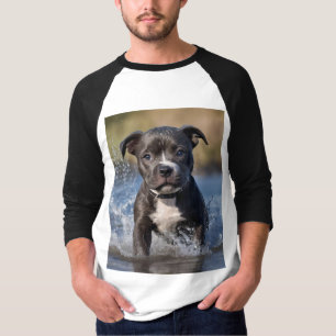 Staffy Puppy Splashing In The Sea, T-Shirt