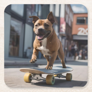 Staffy Skateboarder,  Square Paper Coaster