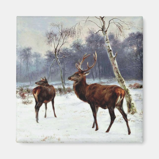 Stag and Doe in a Snowy Landscape Magnet (Front)