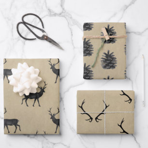 Stag,  antlers, fir trees on a stone background wrapping paper sheet