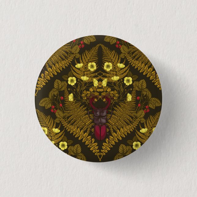 Stag beetle and ferns 3 cm round badge (Front)