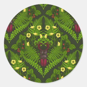 Stag beetle and ferns, green leaves classic round sticker