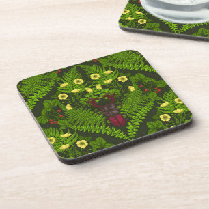 Stag beetle and ferns, green leaves coaster