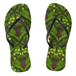 Stag beetle and ferns, green leaves jandals