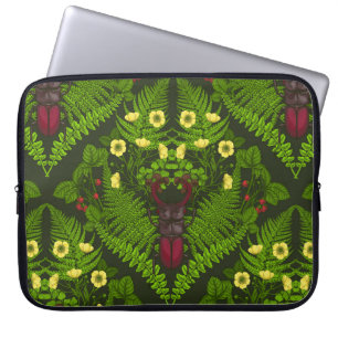 Stag beetle and ferns, green leaves laptop sleeve