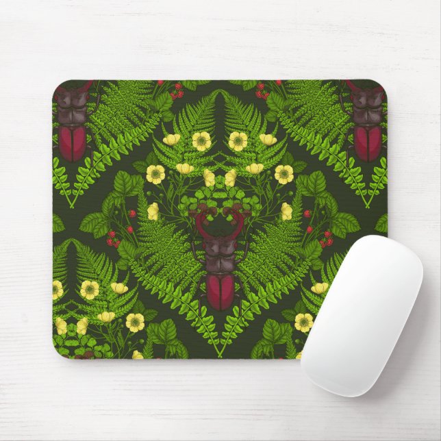 Stag beetle and ferns, green leaves mouse pad (With Mouse)