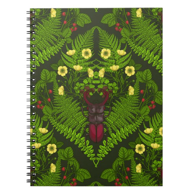 Stag beetle and ferns, green leaves notebook (Front)