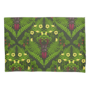 Stag beetle and ferns, green leaves pillowcase
