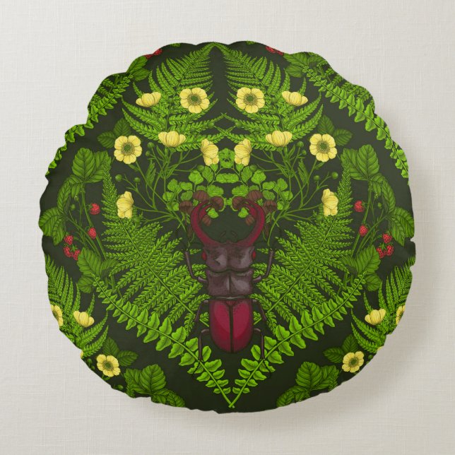 Stag beetle and ferns, green leaves round cushion (Front)