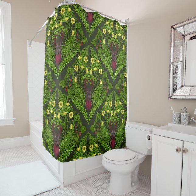 Stag beetle and ferns, green leaves shower curtain (In Situ)
