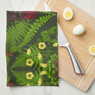 Stag beetle and ferns, green leaves tea towel