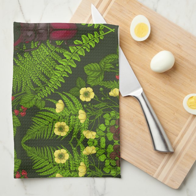 Stag beetle and ferns, green leaves tea towel (Quarter Fold)