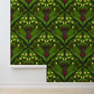 Stag beetle and ferns, green leaves wallpaper