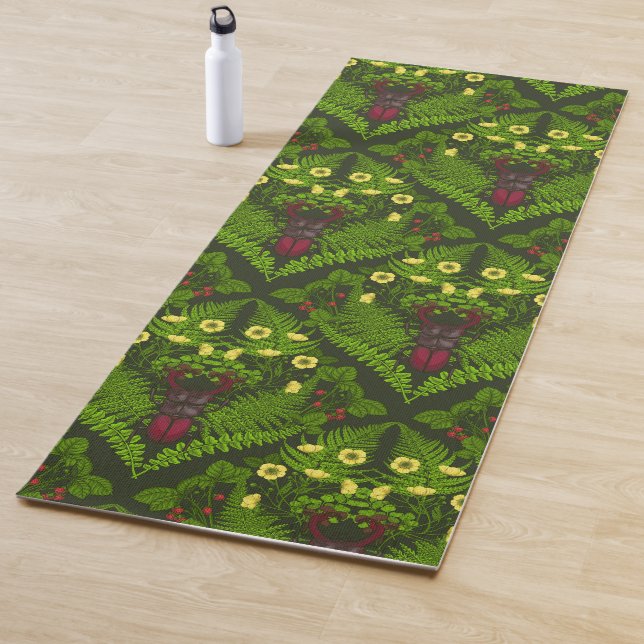 Stag beetle and ferns, green leaves yoga mat (In Situ)
