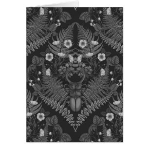 Stag beetle and ferns, in black and white