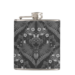 Stag beetle and ferns, in black and white hip flask