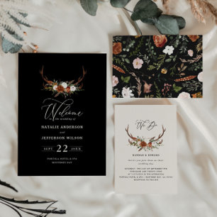 Stag black terracotta floral rustic elegant modern invitation