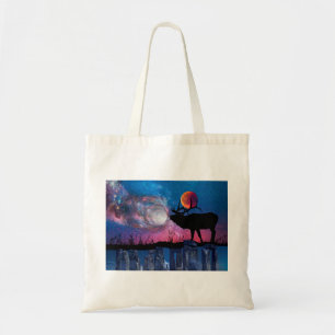 Stag Cradling Autumn Moon in Antlers Canvas Tote Bag