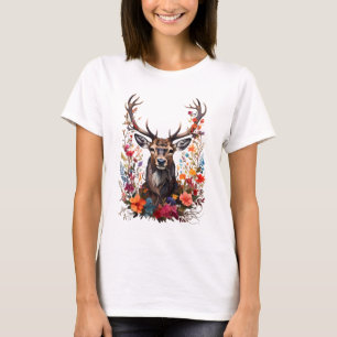 Stag deer amongst colourful flower blossoms T-Shirt