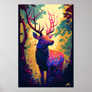 Stag Deer Animal Portrait Painting Wildlife Forest Poster