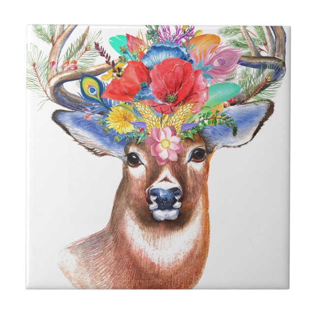Stag Deer Antler Wildflower Floral Painting Tile (Front)