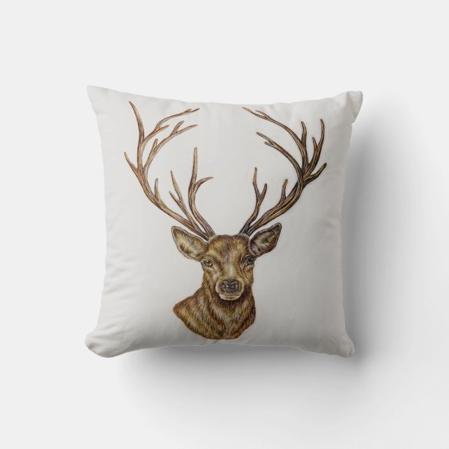 Stag Deer Drawing of Woodland Animal Art Cushion (Front)