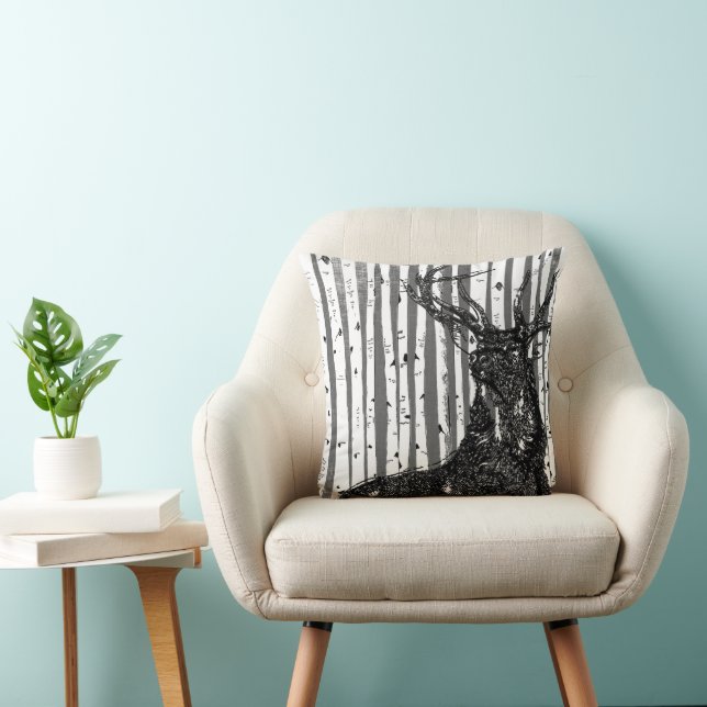 Stag Deer Linen Texture Birch Tree Pillow (Chair)