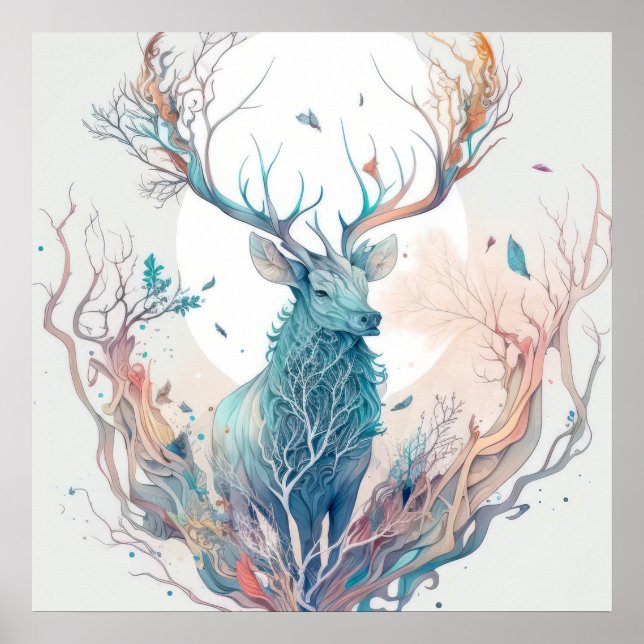 Stag Deer Portrait Animal Painting Wildlife Forest Poster (Front)