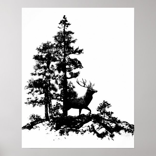 Stag Deer Tree Forest Animal Silhouette Nature Art Poster (Front)