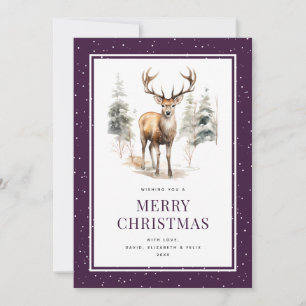 Stag Deer Watercolor Purple Snowy Merry Christmas Holiday Card