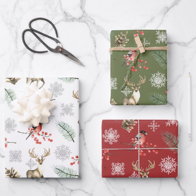 Stag Deer Woodland Winter Pattern Wrapping Paper Sheet (Front)