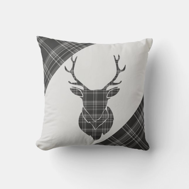 Stag Head and Grey Tartan Pattern Cushion (Front)