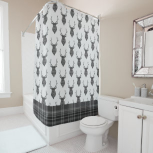 Stag Head And Grey Tartan Pattern Rustic Shower Curtain