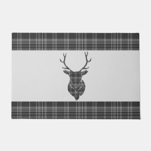 Stag Head Antler Rustic Grey Tartan Pattern Doormat
