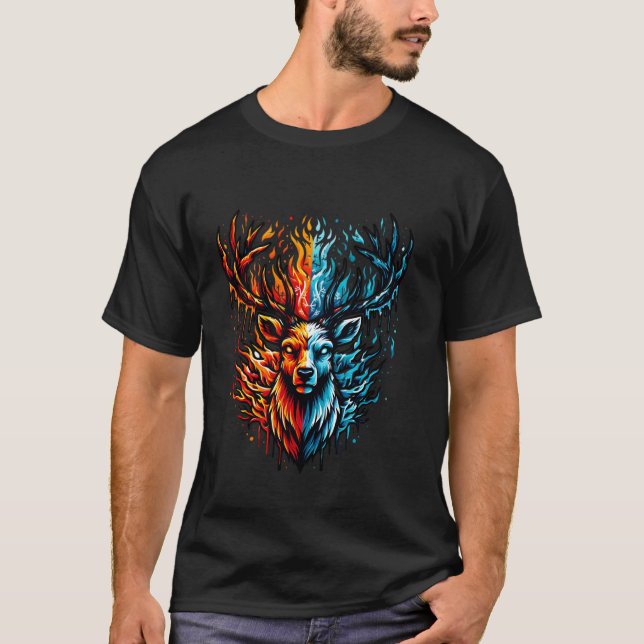 Stag Head Fire and Water Design T-Shirt (Front)