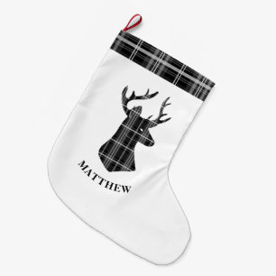 Stag Head on Black and White Plaid Large Christmas Stocking
