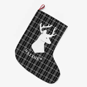 Stag Head on Black and White Plaid Large Christmas Stocking