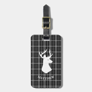 Stag Head on Black and White Plaid Luggage Tag