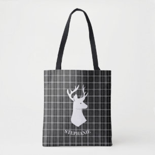 Stag Head on Black and White Plaid Tote Bag