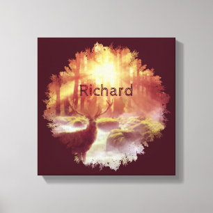 Stag in Misty Forest at Golden Sunrise Canvas Print
